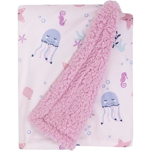 NoJo Mermaid Lagoon Pink and Blue Seashells, Jellyfish, Coral, and Seahorses Super Soft Sherpa Baby Blanket