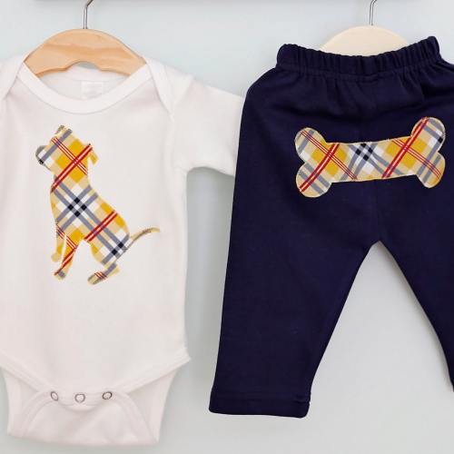 Pit bull baby one-piece and pant set in gold and navy plaid