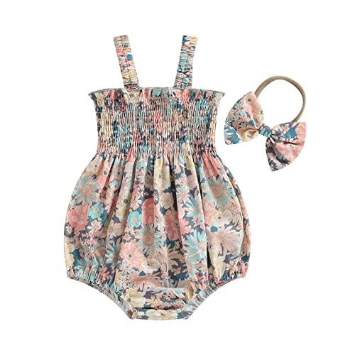 Infant Baby Girl Summer Outfit Clothes Sleeveless Smocked Cotton Linen Romper with Headband