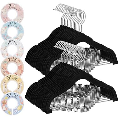 SONGMICS Baby Hangers, 30 Packs Pants Hangers with Clips, Kids Hangers with 6 Clothes Dividers, Non-Slip Children’s Clothes Hangers, Pants Hangers, Black UCRF013B30