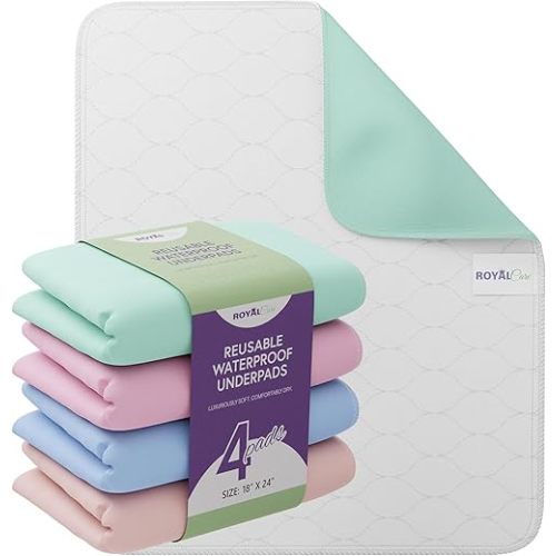 Incontinence Bed Pads - 4 Pack 18” x 24” Reusable Waterproof Mattress Protectors - Highly Absorbent, Machine Washable - for Children, Pets and Seniors - Assorted Colors - Royal Care