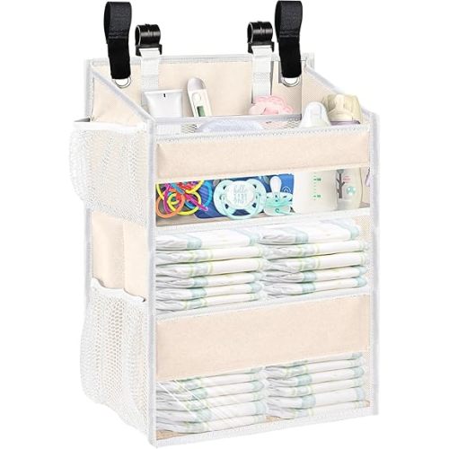 Ofiray-home Hanging Diaper Organizer for Changing Table,Cribs,Car,Playard or Wall & Nursery Organization - Spacious & Durable 2-Tier Diaper Organizer- Hold 90+ Diapers, Won't Deform, Beige