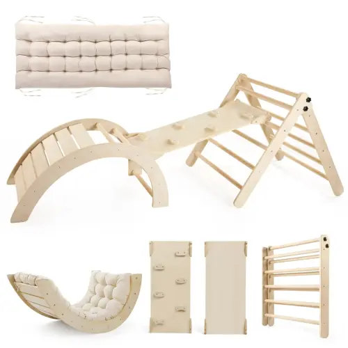 Pikler Triangle Set w/ Cushion & 5 in 1 Montessori Foldable Climbing Set