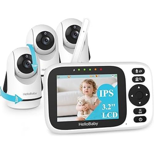 HelloBaby 3.2'' Baby Monitor 3 Cameras, Video Audio Baby Monitor No WiFi, Remote Pan-Tilt-Zoom, ECO, Night Vision, 2-Way Talk, 1000ft Range, 8 Lullabies and Temperature, for Parents and Babies