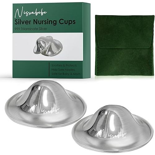 The Original Silver Nursing Cups - Nipple Shields for Nursing Newborn, Newborn Breastfeeding Must Haves for Soothe and Protect Your Nursing Nipples - Trilaminate 999 Silver(Regular)