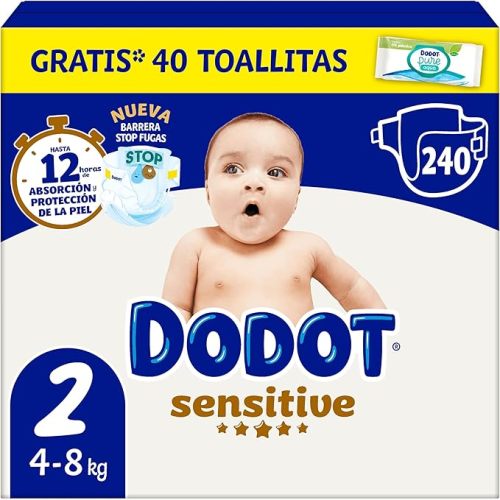 Dodot Baby Sensitive Diapers, Size 2 (4-8 kg), 240 Nappies + 1 Pack of 40 Free Aqua Plastic Free Wipes, No.1 in Skin Protection by Dodot, Monthly Pack : Amazon.es: Baby Products