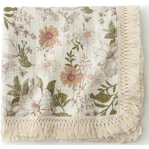 Boho Nursery Decor Floral Baby Blanket 40"x 47", Gender Neutral Swaddle Muslin with Fringe, Cotton Muslin Blanket Baby Girl boy Stuff (Blossom)