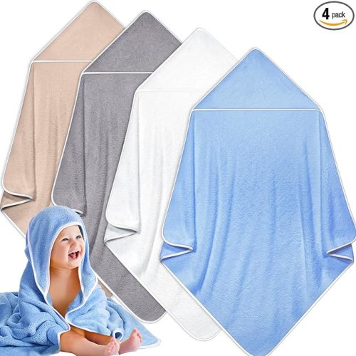 Reginary 4 Pack Baby Hooded Towels Coral Fleece Baby Bath Towels 30 x 30 Inch Soft Absorbent Hooded Bath Blanket for Newborn Toddler Infant Boy Girl Shower Gift Supplies (White, Gray, Brown, Blue)