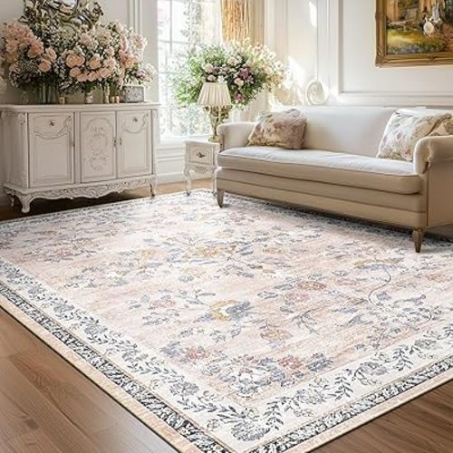 Area Rug 8x10, Vintage Floral Distress Print Pattern, Washable Non-Slip Low-Pile Indoor Carpet for Bedroom, Living Room, Dining Room & Entryway, Pink Purple