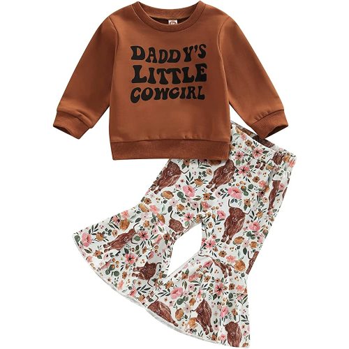 Karuedoo Toddler Baby Girl Western Outfit Letter Print Crewneck Sweatshirt Top Cow Flared Pants Set 2PCS Fall Winter Outfits