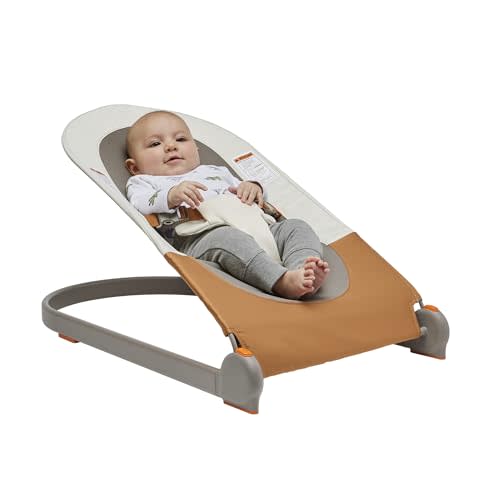 Boon Slant Portable Baby Bouncer - Folding Baby Seat for Infants - Lightweight Portable Baby Chair with Machine Washable Fabric and 3-Point Harness - Tan