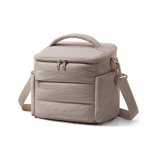 BAGSMART Lunch Box for Women, Cute Quilted Insulated Lunch Bag Sloped-lid | Lightweight Puffy Padded Lunch Tote, Reusable Lunch Cooler for Work Picnic Travel with Adjustable Straps 10L, Camel