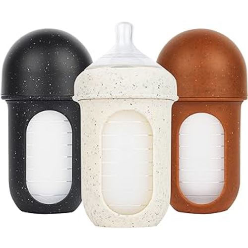 Boon Nursh Reusable Silicone Baby Bottles with Collapsible Silicone Pouch Design - Everyday Baby Essentials - Stage 2 Medium Flow Baby Bottles - Speckle - 8 Oz - 3 Count