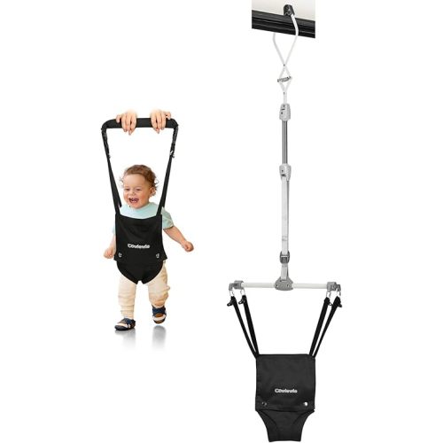 Cowiewie 2 in 1 Baby Door Jumper w/Baby Walking Harness Function, Baby Jumper with Door Clamp Adjustable Strap and Seat (Black)