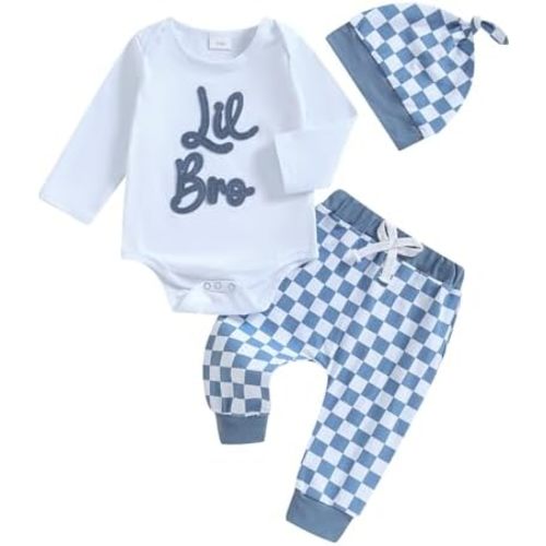 ZAXARRA Newborn Baby Boys Fall Outfits Letter Embroidery Print Long Sleeve Romper Checkerboard Pants Hat Clothing Sets