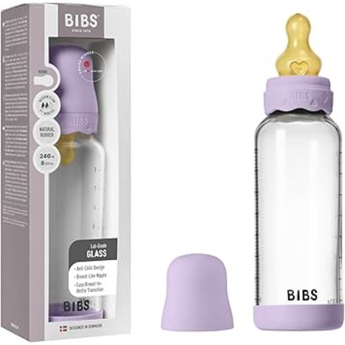 BIBS Boheme Baby Glass Bottle 8 oz /240 ml. Anti-Colic. Round Natural Rubber Latex Nipple. Supports Natural Breastfeeding - Violet Sky
