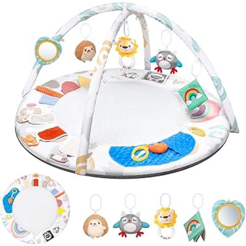 Montessori Baby Play Gym & Activity Mat for Brain Development (0-12Mo) | 5-Sensory Zones + 5 Toys |Portability Tummy Time Activity Mat Stage-Based for Newborn Brain Development Essential & Gift-Ready