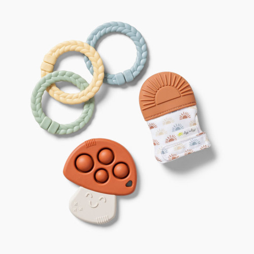 Itzy Ritzy Silicone Teething Mitt, Teether with Poppers and 3 Linking Rings - Sun & Mushroom