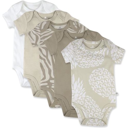 HonestBaby baby-boys 5-pack Short Sleeve Bodysuits One-piece 100% Organic Cotton for Infant Baby Boys, Unisex - 0-3 Months - 5-pack Pineapple Leaf Khaki