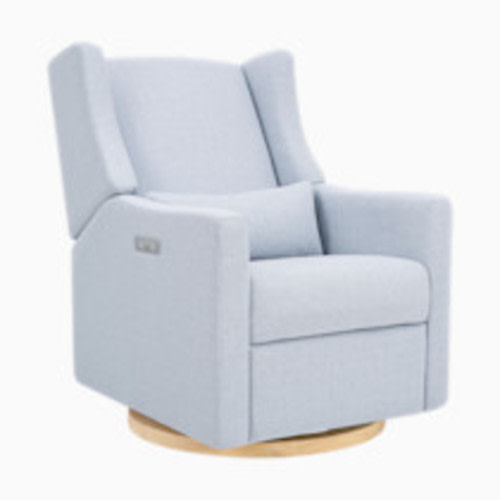 babyletto Kiwi Electronic Recliner and Swivel Glider - Performance Blue Chambray Eco-Twill With Light Wood Base
