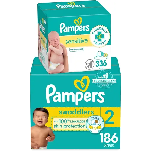 Diapers Size 2, 186 Count and Baby Wipes - Pampers Swaddlers Disposable Baby Diapers and Water Baby Wipes Sensitive Pop-Top Packs, 336 Count (Packaging May Vary)