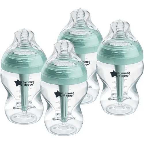 Tommee Tippee Advanced Anti-Colic 9 Oz BPA Free Baby Bottles, Newborn 0+ Months, Slow Flow Breast-Like Nipple, Unique Design Keeps Air Away from Milk and Baby, Clear, Pack of 4