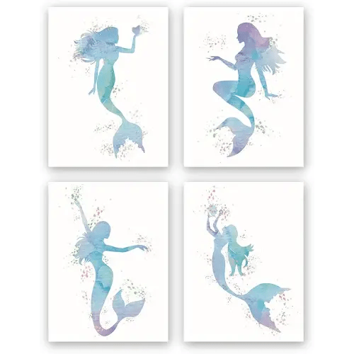 CHDITB Graceful Movement Mermaid Watercolor Art Prints, Legend of The Sea, Set of 4(8" x10") Unframed Canvas Print, Great Gift For Girls Bedroom Bathroom Home Wall Decor