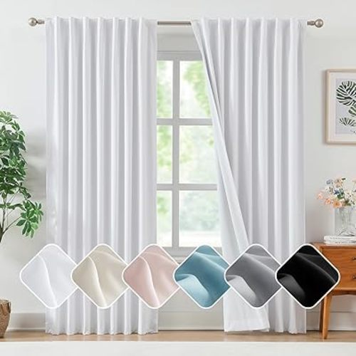 Treatmentex White True Blackout Curtains for Living Room 63 Inch Length Summer Heat Insulated Room Divider Window Curtains for Bedroom Nursery Back Tab and Rod Pocket W52 x L63 White 2pcs