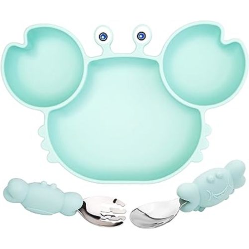 Linowos Silicone Suction Plate for Toddlers with Fork Spoon Set - Self Feeding Training Divided Plate Dish and Bowl for Baby and Toddler, Fits for Most Highchairs Trays (Cyan)