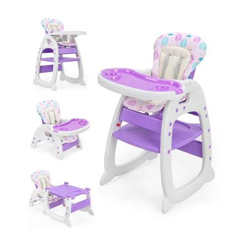 SANDINRAYLI Baby High Chair,3 in 1 Highchair for Babies and Toddlers, Convertible Toddler Eating Chair for 6 Months to 6 Years, Highchair for Baby Boy & Girl with Adjustable Tray, Purple