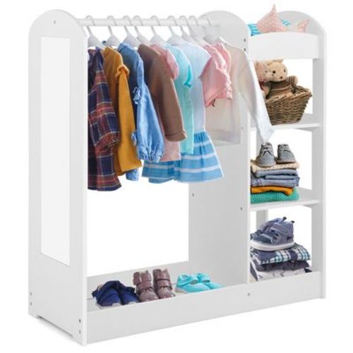 Tangkula Kids Dress Up Storage Hanging Armoire Dresser Costume Closet W/ Mirror Shelves White