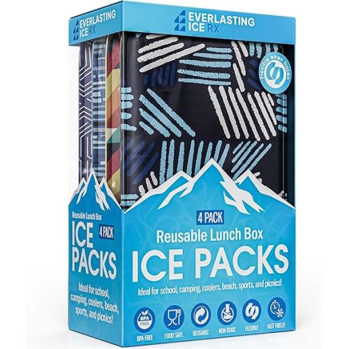 Everlasting Ice RX Reusable Ice Packs for Lunch Boxes & Coolers (4 Pack) Flexible, Long-Lasting, BPA Free, Versatile Soft Ice Pack for Insulated Bags, Picnic, Travel, and More