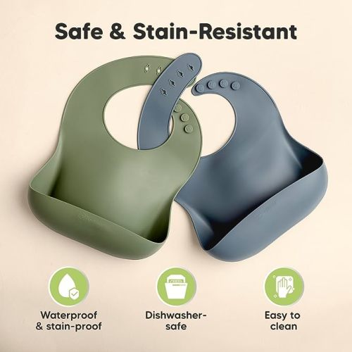 KeaBabies 2-Pack Silicone Bibs for Babies, Toddlers Girl, Boy – Sturdy Food-Grade Baby Bibs for Eating, Large Food Catcher, Clean & Put On Easily, Waterproof Toddler Feeding Essentials (Slate)