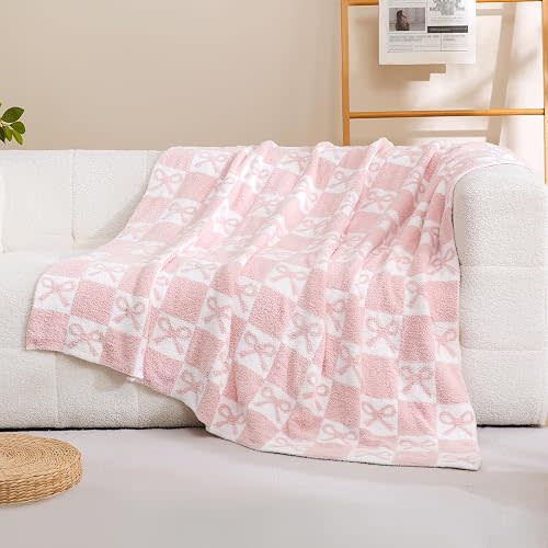 YIRUIO Pink Checkered Throw Blanket with Bow Pattern - Ultra Soft Lightweight Microfiber Knit, Plush Fuzzy Cozy Home Decor for Couch Sofa Bed, Reversible All-Season 50x60 Inches