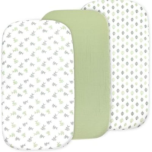 3-Pack Organic Muslin Bassinet Fitted Sheets, Compatible with Halo, Snoo, Graco, Dream On Me, Delta, and Other Standard Size Bassinets - Fits Oval, Hourglass, & Rectangle Shapes (32 x 16 x 4 Inches)