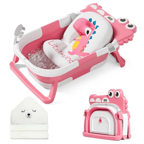 MoreFeel Collapsible Baby Bathtub for Newborn with Thermometer & 1 Hooded Towel & 1 Soft Floating Cushion,Portable Travel Bathtub with Drain Hole, Durable Foldable Baby Tubs for Infants to Toddler