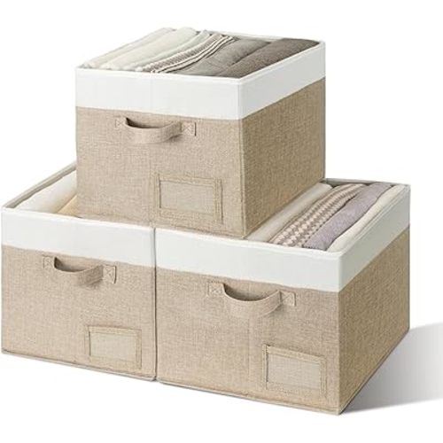 GRANNY SAYS Decorative Storage Baskets for Shelves, Large Fabric Storage Bins, Collapsible Clothing Storage and Organization, Closet Storage Bins, Khaki&Ivory, Large, 3-Pack