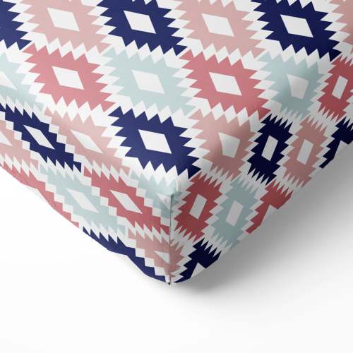Bacati - Crib or Toddler Bed Fitted Sheet, Aztec Emma Coral/Mint/Navy