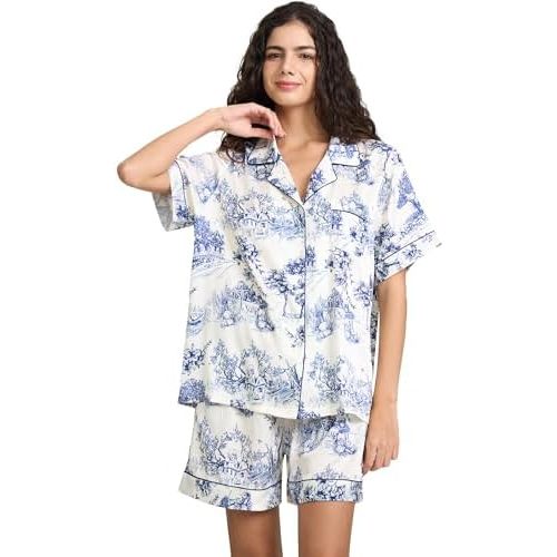 YiNi LuLu Womens Silk Satin Shorts Pajamas Set Button Down 2 Piece Pjs Short Sleeve Oversized Sleepwear with Pockets