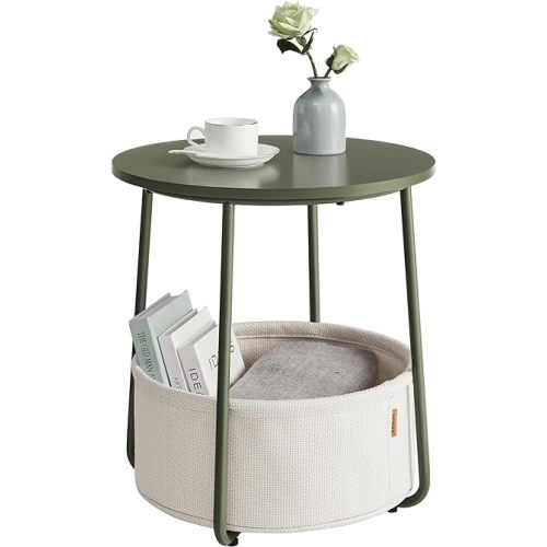 VASAGLE End Table, Small Bedside Table with Fabric Basket, Modern Nightstand, Round Side Table, for Living Room, Bedroom, Forest Green and Cream White ULET223C80