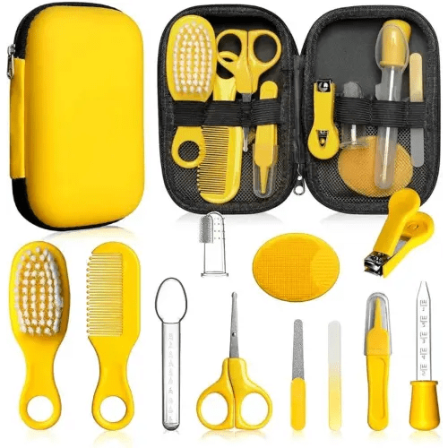 Baby Grooming Kit - Nursery Essentials Baby Registry Shower Gift for Newborns, Infants, Toddlers, Boys, Girls Kids-Safety Baby Comb, Brush, Finger Toothbrush, Nail Clippers, Scissors (Yellow 12 in 1)