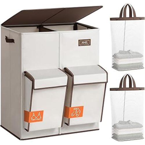 SOLEDI 180L 4 Section Laundry Hamper with Lid, Separate Compartments for Delicates and Socks, Double Large Laundry Basket with Removable Bag, Dirty Clothes Hamper for Laundry Room, Bedroom, Beige