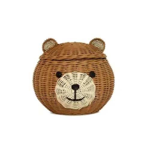 Bear Head Rattan Storage Basket with Lid Decorative Home Decor Hand Woven Shelf Organizer Cute Handmade Handcrafted Gift Artwork