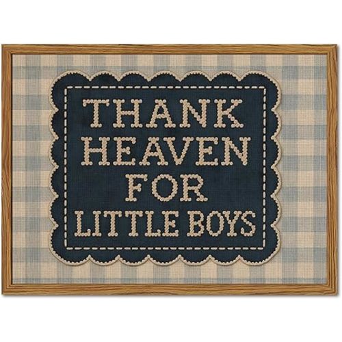 Framed Thank Heaven for Little Boys Wall Art, Baby Boy Nursery Wall Decor, Vintage Blue Gingham Inspirational Quote Paintings Canvas Prints Pictures for Toddler Kids Bedroom 12x16 inch