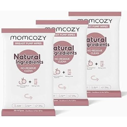 Momcozy Natural Breast Pump Wipes for Pump Parts Cleaning On-the-go, 30 Count (Pack of 3), Flash Clean & Resealable Pump Wipes