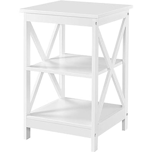 Yaheetech 3 Tier Sofa Side End Table with Shelf, X Shaped Sturdy Large Chair Side Snack Table for Living Room, Display Unit Organizer, White, 15.7 x 15.7 x 24’’ (L x W x H)
