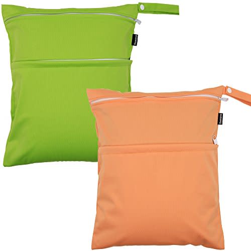 Damero 2pcs Pack Cute Travel Baby Wet and Dry Cloth Diaper Organizer Bag(Medium, Green+Orange)