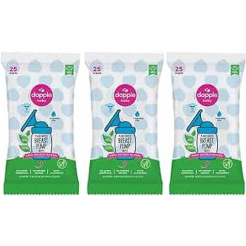 Breast Pump Wipes by Dapple Baby, 25 Count (Pack of 3), Fragrance Free, Plant Based & Hypoallergenic Breast Pump Wipes - Removes Milk Residue, Leaves No Taste - Convenient Wipes Pouch