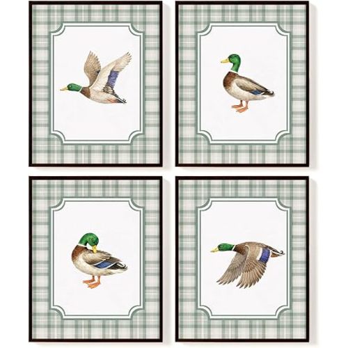 SkyCozy Duck Nursery Decor, Mallard Duck Wall Art Posters Set of 4, Green Gingham Farmhouse Duck Prints, Woodland Baby Boy Nursery Decor for Kids Room Playroom Bathroom, 8x10 Unframed