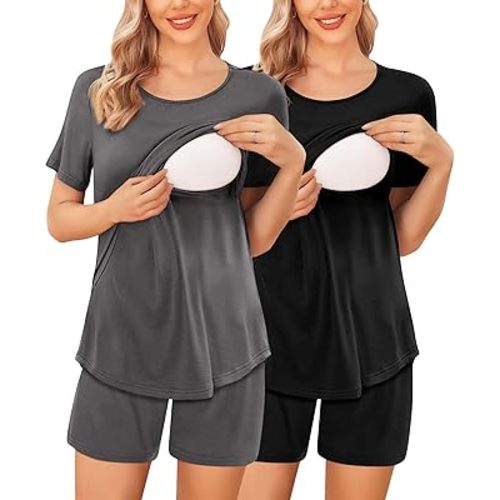 Ekouaer 2 Pack Women's Nursing Pajamas Set Double Layer Maternity Pjs Postpartum Loungewear Set Breastfeeding Tops & Shorts